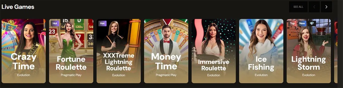 “Live Games” carousel showing popular dealer titles (Crazy Time, Fortune Roulette, XXXTreme Lightning Roulette, Money Time, Immersive Roulette, Ice Fishing, Lightning Storm) with host images and a “See all” button.