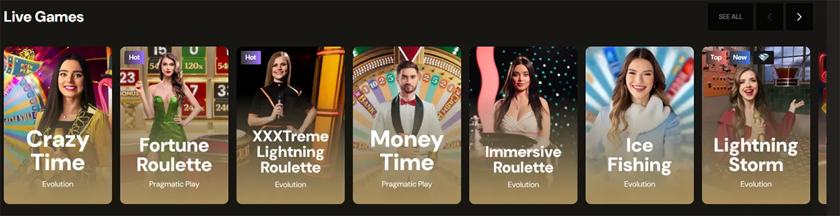 “Live Games” carousel showing popular dealer titles (Crazy Time, Fortune Roulette, XXXTreme Lightning Roulette, Money Time, Immersive Roulette, Ice Fishing, Lightning Storm) with host images and a “See all” button.